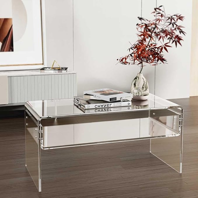 32inch Premium Clear Acrylic Rectangle Coffee Table with Storage Shelf for Living Room,Mid Century Transparent Waterfall Low Tea Table, Middle Size Table (32"x16"x16") Fit for 2 Seat Sofa