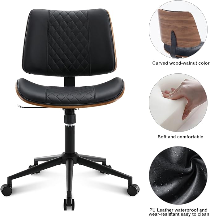 BV Small Desk Chair, Mid Century Office Chair with Bentwood Back, Armless Task Swivel Chair with Wheels, Mid Back No Arms, Faux Leather Office Chairs for Small Space, Black