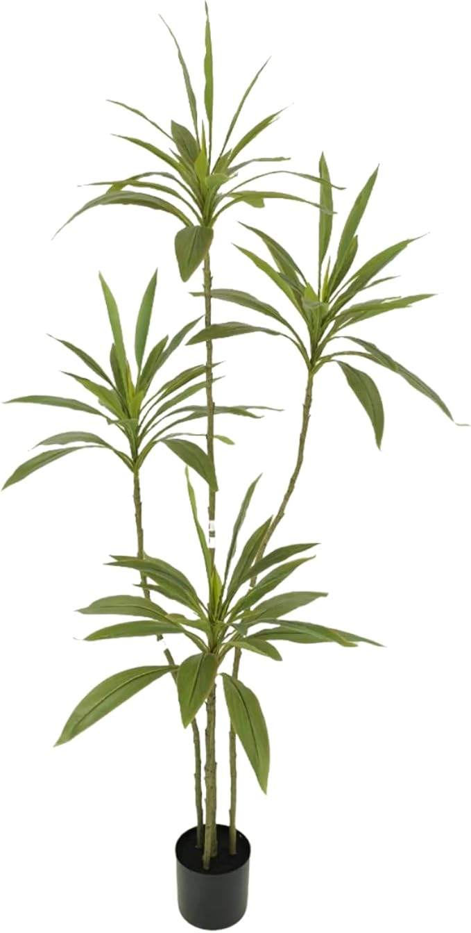 Artificial Cordyline Plant, Indoor Potted Plant, 5 Stems with Black Planter, Suitable for Large Indoor Living Room Decorations, Potted Plants, and Window Display Scenes (Green-5.3ft)