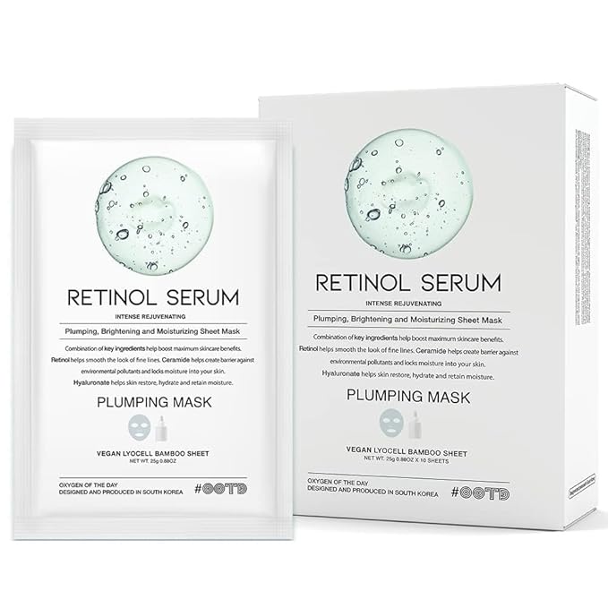 Rejuvenating Retinol Sheet Mask Korean Vegan Wrinkle Lifting, Plumping and Moisturizing Sheet Mask, Retinol, Ceramide, Hyaluronate 10EA