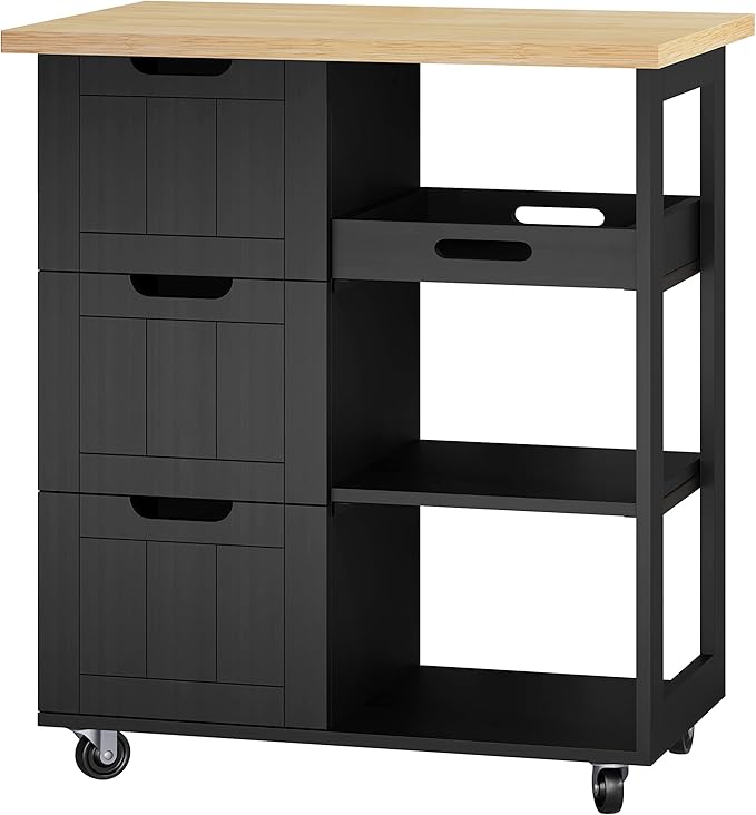 Shintenchi Kitchen Island Cart with Storage,Rolling Kitchen Island Storage Cabinet,Side Table on Wheels with Worktop,3 Open Shelves and 3 Drawers for Kitchen,Dinning Room, Black