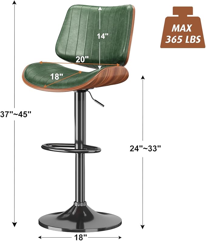 Swivel Bar Stools Set of 3, Adjustable Bentwood Barstools for Kitchen Counter, Modern PU Leather Upholstered Bar Chair with Back and Footrest, for Kitchen Island, Bar, Dining Room, Green
