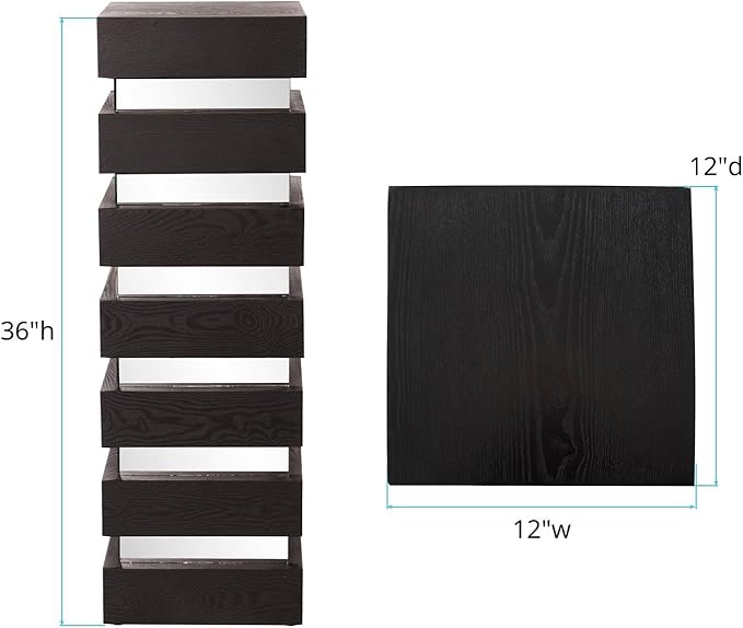 Howard Elliott Stepped Pedestal Accent Table, Black Wood and Mirrored Side End Table for Home Decor, Small Space Pedestal Table for Bedroom, Living Room & Entryway, 12 x 12 x 35.5 Inch, Tall