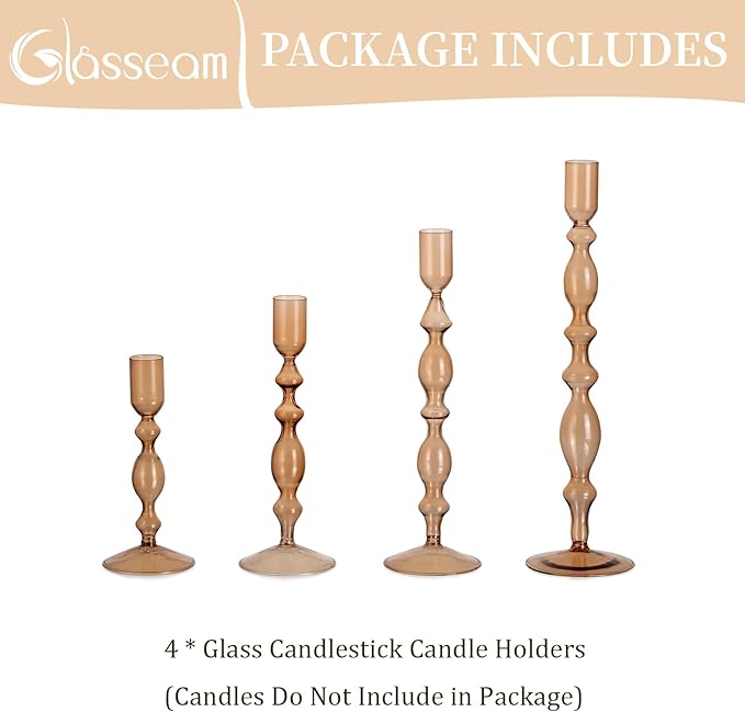 Glasseam Amber Taper Candle Holders: Set of 4 Decorative Modern Candle Sticks Holder Decor Tall Candlestick Holders for Table Fall Centerpiece Dining Thanksgiving Halloween