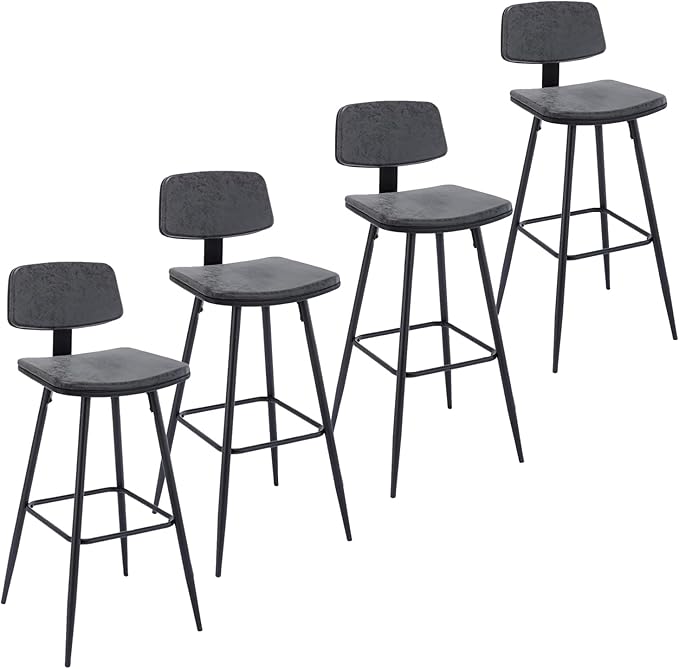 Bar Stools Set of 4, Bar Chairs w/PU Leather Seat and Backrest, Frosted Iron Frame, 29.33'' Seat Height Counter Stools, Simple Assembly, for Dining Room Kitchen Counter Bar, Black