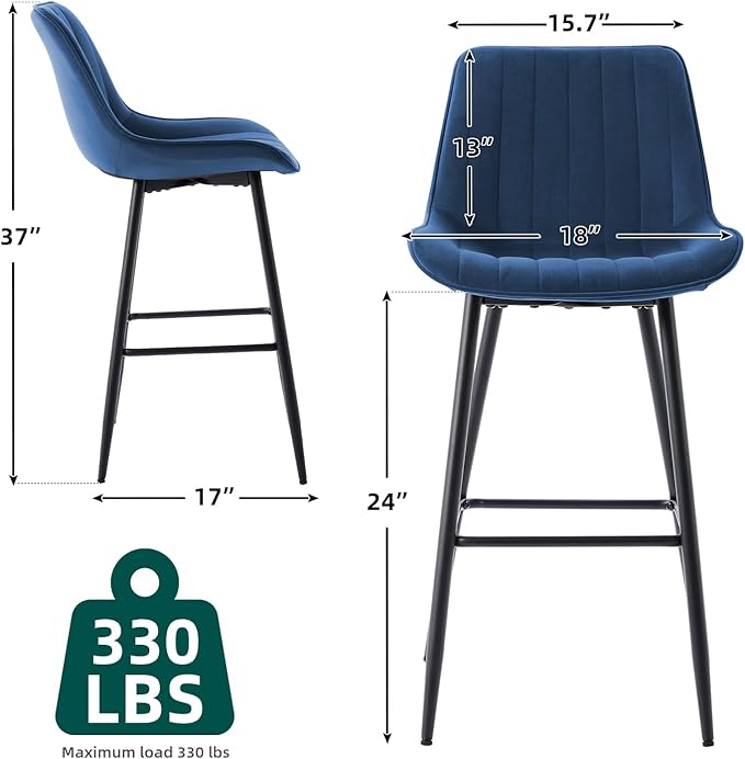 24" Bar Stools Set of 2, Counter Height Bar Chairs with Back, Modern Velvet Upholstered Barstools, Kitchen Island Stools for Bar, Kitchen Counter, Top Height 35"-38", Blue