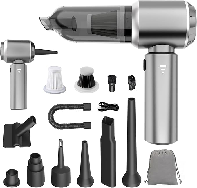 Mini Car Vacuum Cleaner, 4 in 1 Cordless Vacuum Cleaner, 22000PA High Power Portable Car Vacuum with Brushless Motor, for Home, Office, Camping (Gray Silver)