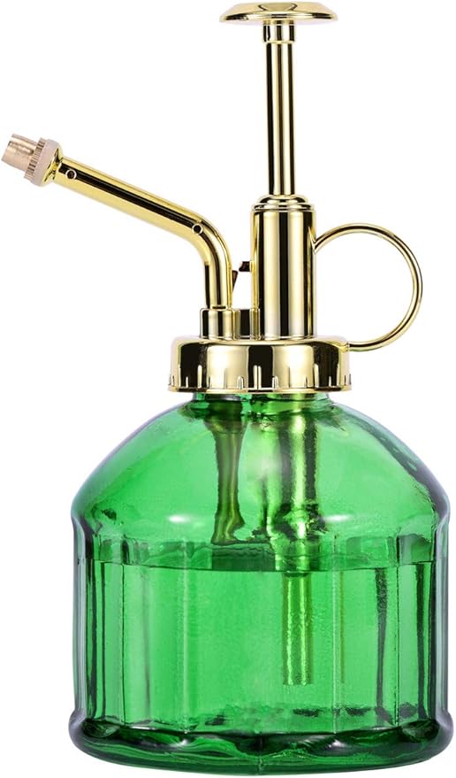 Glass Plant Mister - 6.5" Green Glass Water Spray Bottle with Gold Top Pump, Small Plant Sprayer for Indoor/Outdoor House Plants
