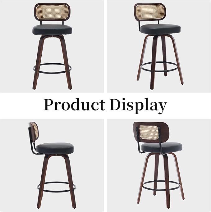 Swivel Counter Height Bar Stools Set of 2, 26 inch Bar Chairs with Curved Rattan Back, Upholstered PU Leather, Walnut Craftsmanship, Mid Century Modern Counter Stools for Kitchen Counter, Black