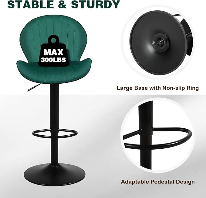 Modern Bar Stools Set of 4, Velvet Height Adjustable Swivel Barstools, Armless Kitchen Island Counter Chairs with Back & Footrest, Green