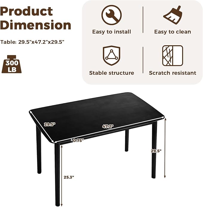 DELAVIN 47.2" Rectangle Solid Wood Dining Table, Modern Kitchen Table, Oak Dining Room Table, Easy Assembly, Black