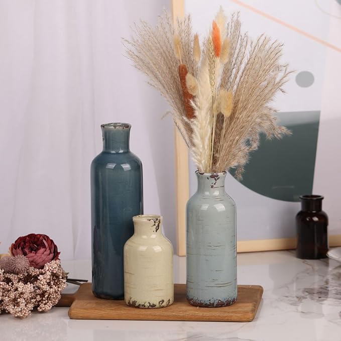 Multicolor Ceramic Vase Set of 3 - Coastal Rustic Farmhouse Decor Flower Vases for Shelf, Dining Room Table, Fireplace Mantel, Living Room, Coffee Table, Tabletop, Kitchen Cabinet, Entryway Decoration
