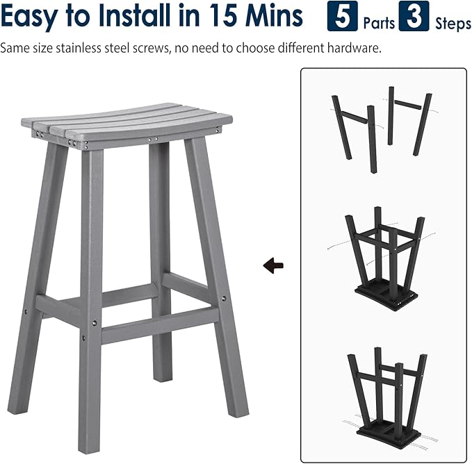 nalone 24 Inch Outdoor Bar Stools Set of 2, HDPE Bar Chairs with Footrest, Weather Resistant Barstools Outside Counter Height Stools for Patio Yard, Balcony (Grey, 24'' Barstools Set of 2)