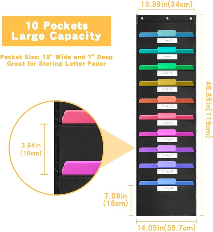 10-Pockets Hanging File Organizer with 3 Over-Door Hangers, Wall Mount Storage Chart with 10 Name Tags for Magazines, Files, Pens in Office & School