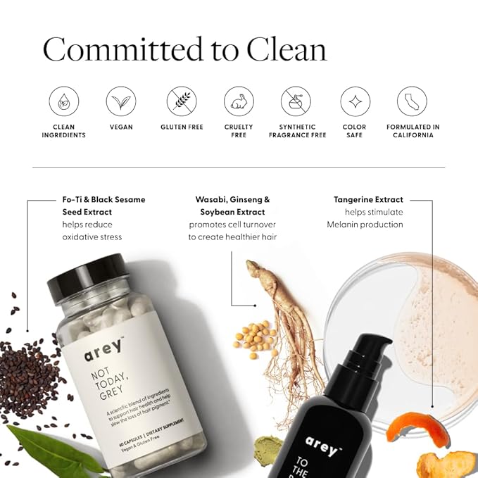Arey The System Hair Serum and Supplements | Slows Grey Hair Growth, Promotes Healthier Hair & Repigments with Mela-9™ Complex, Antioxidants & Vitamins | Vegan, Oil-Free, Scent-Free (1 Month Supply)