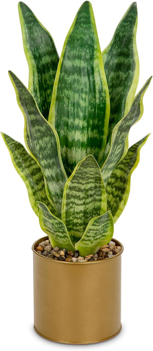 Artificial Potted Plant, Fake Snake Plant in Gold Pot 17.3 inch Faux Sansevieria Trifasciata Artificial Plants Indoor with Pot for Home Office Living Room Indoor Outdoor Decor