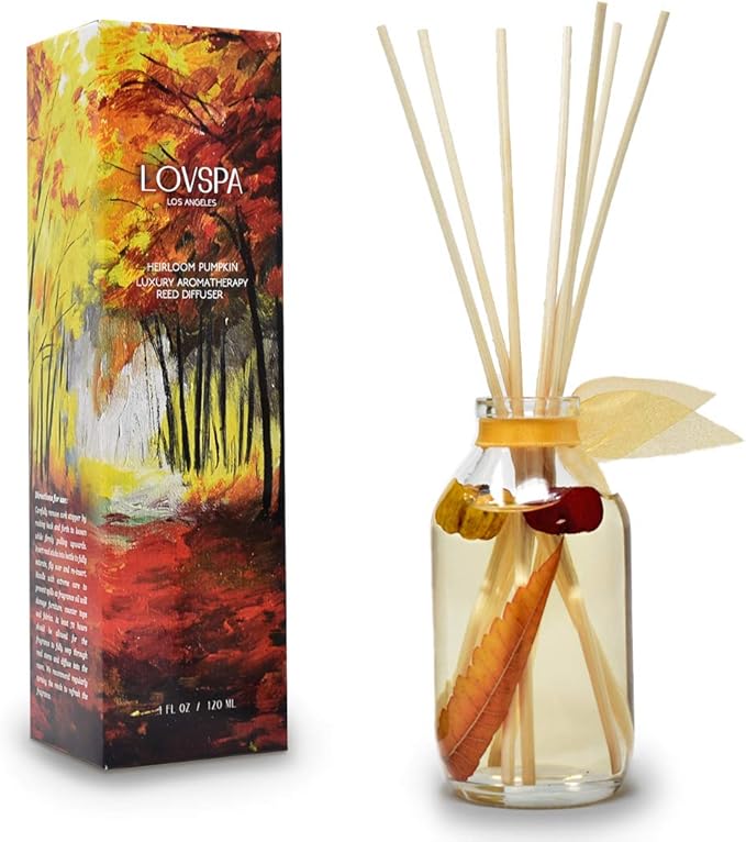 LOVSPA Reed Diffuser Set, Heirloom Pumpkin Scented Oil Diffuser with Sticks, Home Fragrance Accessories for Bathroom Shelf Decor, Aroma Diffusers for Home or Office Fall Decor, USA Made
