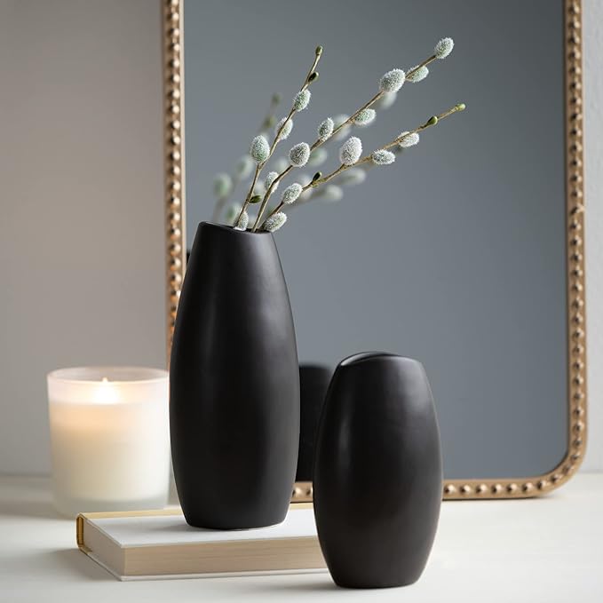 Sullivans Black Vase Set, Modern Home Decor, Ceramic Vases for Home Decor, Black Vases for Fake or Real Flowers, Minimalist Living Room Decor, Decorative Vase Set for Your Shelf and Mantle (CM3122)