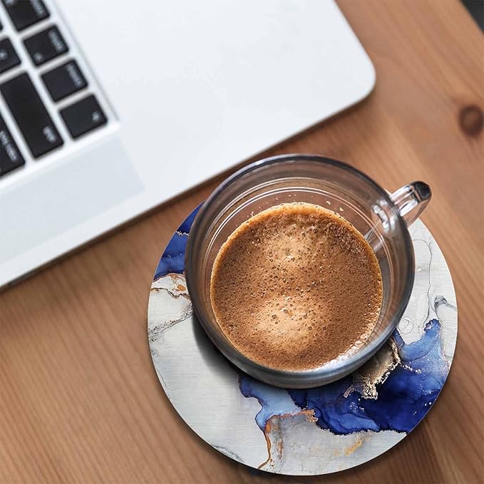 Blue and Gold Marble Coasters for Coffee Table Liquid Alcohol Ink Fluid Housewarming Presents for Women Men Home Decor Office Kitchen Living Room 2 Pcs