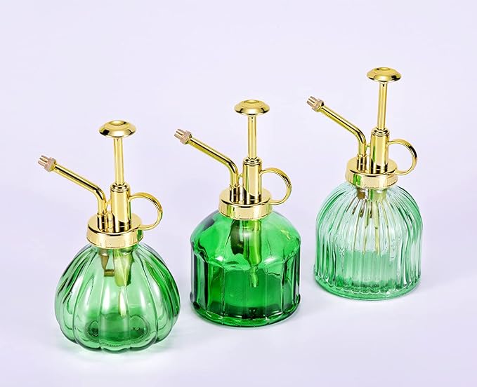 Glass Plant Mister - 6.5" Green Glass Water Spray Bottle with Gold Top Pump, Small Plant Sprayer for Indoor/Outdoor House Plants