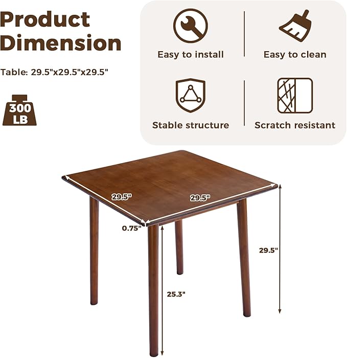 DELAVIN 29.5" Solid Wood Dining Table, Modern Small Dining Table, Square Farmhouse Kitchen Table, Cafe Table for Living Room Dining Room, Easy Assembly, Walnut
