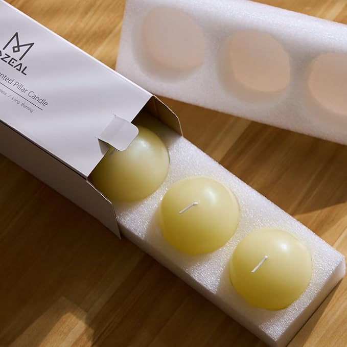 MOZEAL Hand-Poured, 3 Inch Ivory Round Ball Candles - Elegant Cream Round Pillar Candles Set of 3, Dripless, Unscented, Smokeless, Ideal for Weddings and Elegant Celebrations