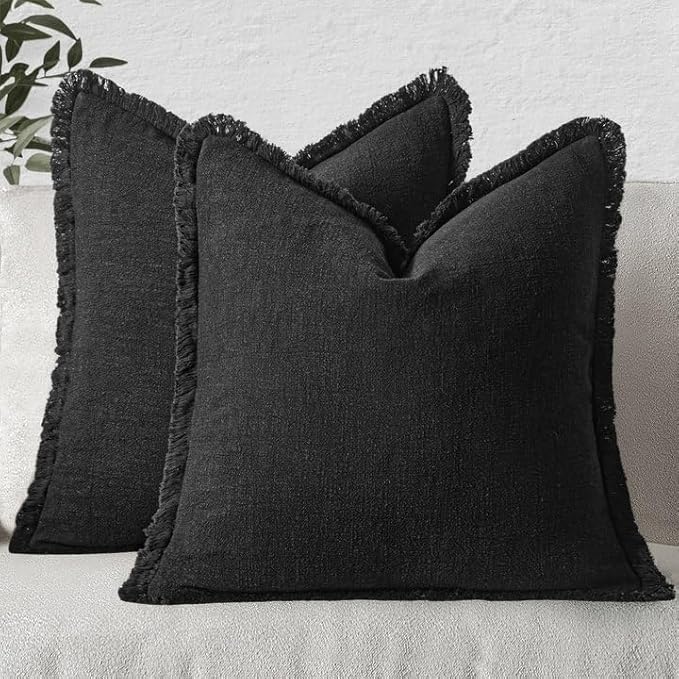 MIULEE Decorative Throw Pillow Covers Neutral Linen Fringe Throw Pillows Euro Shams Set of 2 Black Boho Farmhouse Cushion Covers for Couch Sofa Bed Living Room Spring Home Decor 26x26 Inch