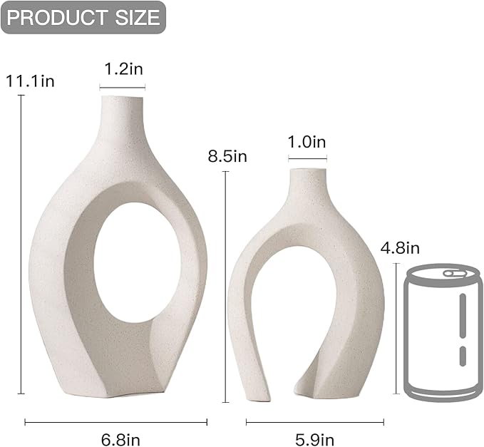 XL Beige Ceramic Vase Set of 2 for Modern Home Decor, Eclectic Entryway Modern Boho Hollow Flower Vases for Living Room Bookshelf Dining Coffee Table Centerpiece (W 6.8" X H 11")
