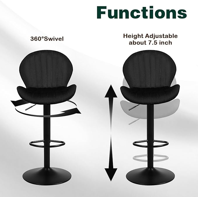 Modern Bar Stools Set of 3, Velvet Height Adjustable Swivel Barstools, Armless Kitchen Island Counter Chairs with Back & Footrest, Black