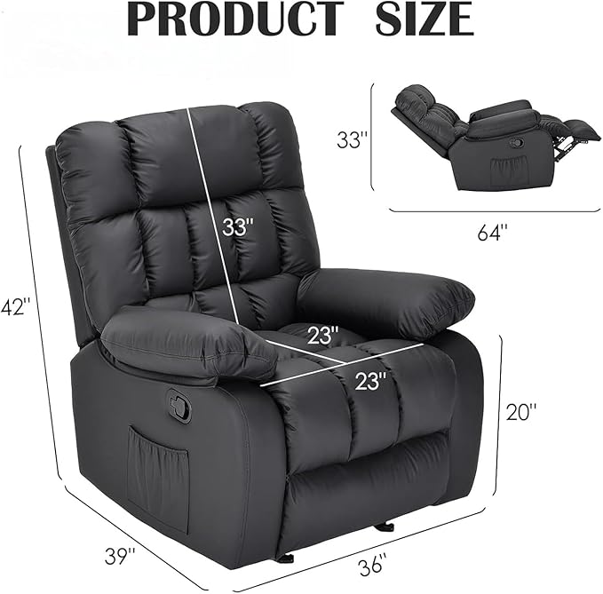 Oversized Recliner Chair, Leather Adjustable Recliner with Side Pockets, Living Room Reclining Lounge Chair for Adults, Small Spaces Comfy Sofa with Theater Seating for Bedroom, Black