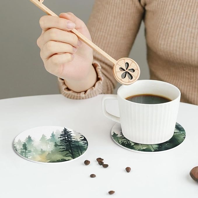 Forest Pine Trees Coasters Set of 6 Coasters for Drinks Absorbent Double-Sided Leather PVC Coaster for Tabletop Protection Coffee Table Decor Ideal for Home Decor House Warming Gifts