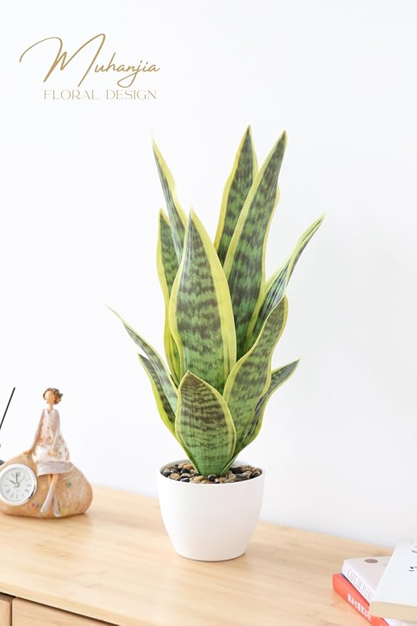 18.5" Artificial Snake Plant Potted,Fake Sansevieria Floor Plant Real Looking with White Planter for Centerpiece Home Decor (Yellow&Green)