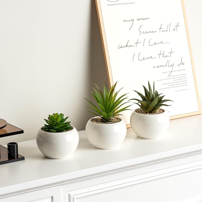 MyGift Mini Assorted Artificial Succulents in Round White Ceramic Pots, Mixed Realistic Indoor House Plants, Set of 3