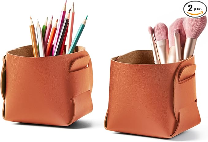 HOMIEAZICOZI 2-Pack Cork Leather Desk Accessories Storage - Pencil Pen Holder - Makeup Brush Holder Organizer - Stylish Addition to Home Decor (Orange)