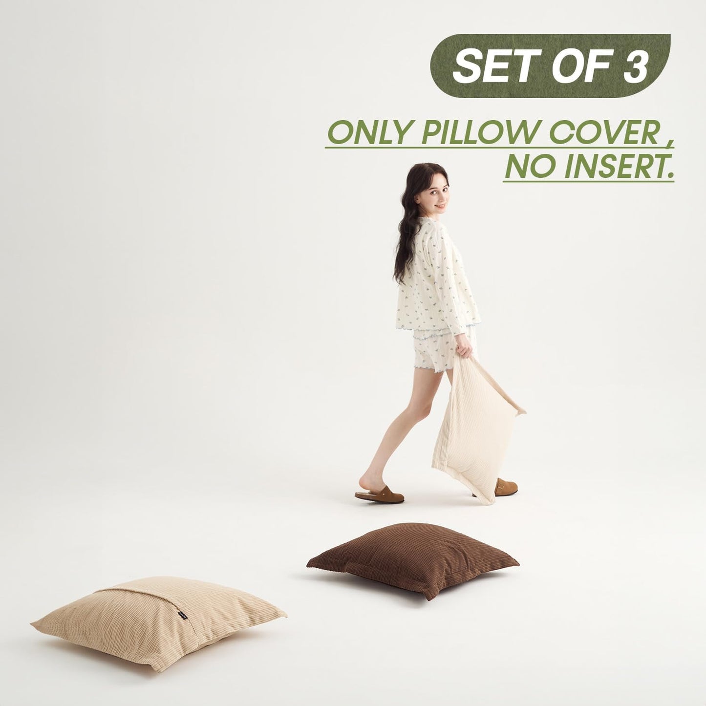 Pack of 3 Boho Vintage Accent Throw Pillow Covers 20x20inch, Soft Corduroy with Stripes Pillow Covers Pillowcases Farmhouse Home Decor for Living Room Bedroom (Deep Brown, Beige & Camel)