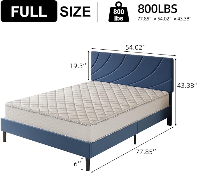 HOMBCK Full Size Bed Frame with Adjustable Headboard, Full Bed Frame with Linen Fabric Upholstered and Wooden Slats Support, No Box Spring Needed, Noise-Free, Easy Assembly, Blue