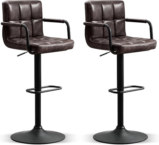 Furniliving Bar Stools Set of 2 with Backrest, Modern Square PU Leather Chairs with Armrest Adjustable Kitchen Counter Barstools for Kitchen Dining Pub Cafe (Blackbrown)