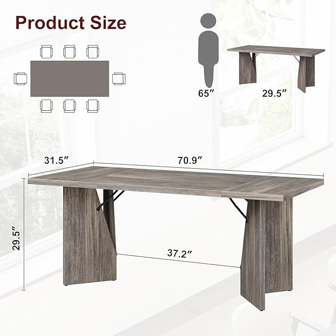GarveeHome Dining Room Table 6, 70.9'' Rectangular Kitchen Table Dining Room Furniture with Sturdy Frame, Thickened Long Tabledesk and Dinner Desk for Party, Big Family, Flat Leg (Grey)