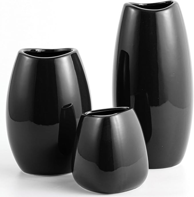 hjn Ceramic Vase Set of 3 Black Flower Vase for Home Decor, Modern Decorative Vase for Flowers/Ideal Shelf Decor/Table/Living Room/Kitchen/Office-Black