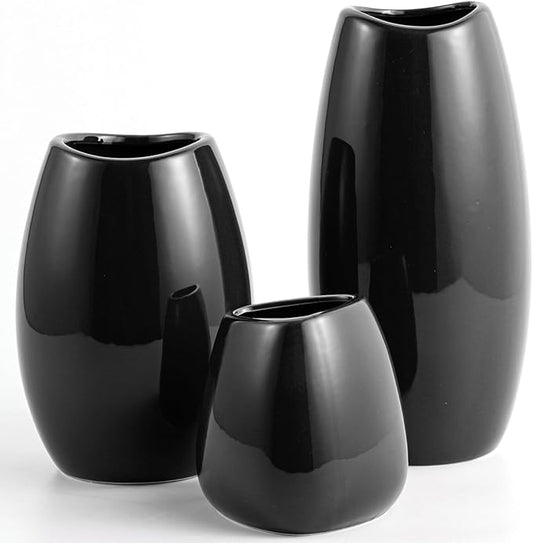 hjn Ceramic Vase Set of 3 Black Flower Vase for Home Decor, Modern Decorative Vase for Flowers/Ideal Shelf Decor/Table/Living Room/Kitchen/Office-Black