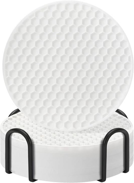 Coasters Set of 6 with Holder,Coasters for Drinks,Coffee Table Decor Coaster,Suitable for Kinds Cups,Anti-Slip,Non-Stick,Silicone Cup Coaster and Living Room Decor (6 Pcs, White)