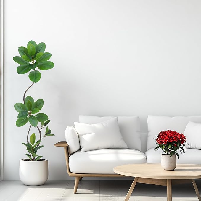 Artificial Rubber Tree Plant, 5.3ft Tall Green with Round Planter, All Season Home Decor (Green,5.3ft)