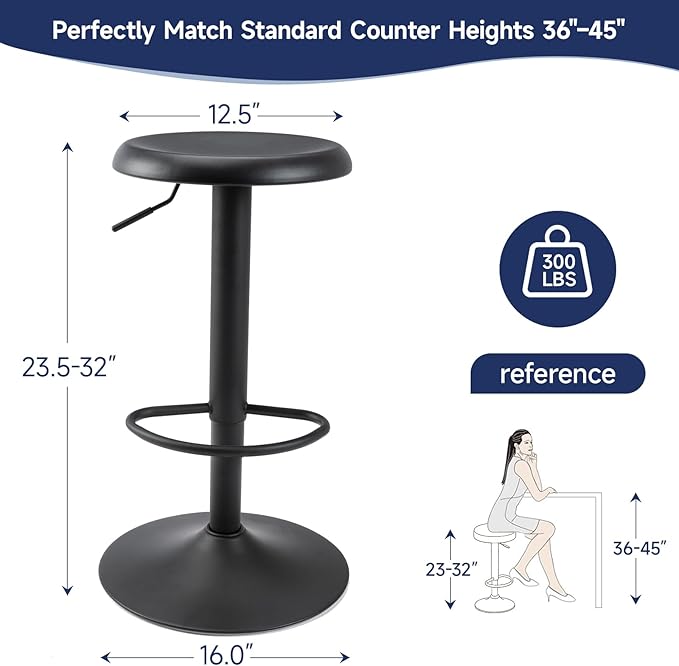 Brage Living Bar Stools, Adjustable Height Swivel Bar Stools, Metal Airlift Barstools, Backless Counter Height Bar Chairs for Kitchen Dining Room Pub Cafe 1Pc (Black)