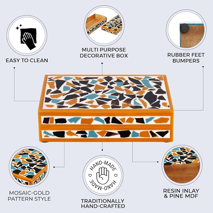 Handicrafts Home Handmade Mosaic Collection Decorative Jewelry Box Organizer – Keepsakes, Trinkets, and Home Decor – Antique Coffee Table Storage, Memory Box, Farmhouse Style Decor Gold, 8x5x2