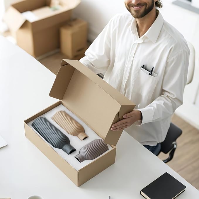 Modern Ceramic Vases Set of 3, Black Ribbed Decorative Vases, Shelf Table Centerpiece for Home Decor (Black Mix)