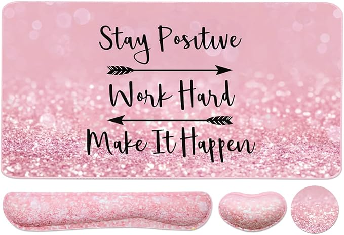 Keyboard Mouse Pad Set, Extended Mouse Pad+Keyboard Wrist Rest Support, Memory Foam Ergonomic Easy Typing, 3Pcs (35.4×15.7 in) Desk Pad Set for Home Office Study Game - Pink Stay Positive