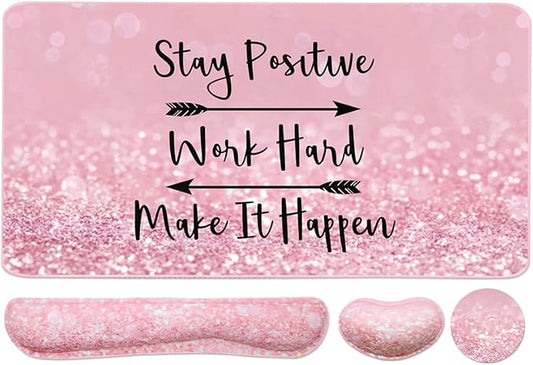 Keyboard Mouse Pad Set, Extended Mouse Pad+Keyboard Wrist Rest Support, Memory Foam Ergonomic Easy Typing, 3Pcs (35.4×15.7 in) Desk Pad Set for Home Office Study Game - Pink Stay Positive