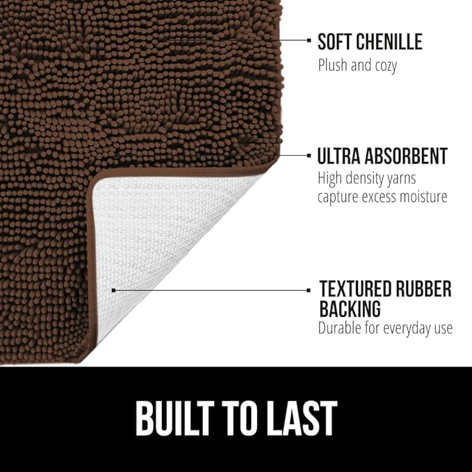 GORILLA GRIP Bath Rug Mat 30x20, Thick Soft Absorbent Chenille, Quick Dry Microfiber Mats, Rubber Backing Washable Shower Floor Rugs, Bathmat Runner, US Designed Bathroom Home Decor Accessories Brown