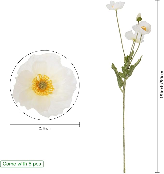 Artificial Poppy Flowers, 5 Bundles Faux Poppies with Stems for Floral Arrangements - Wedding, Home, Office, Party Table Centerpiece Decor (White)