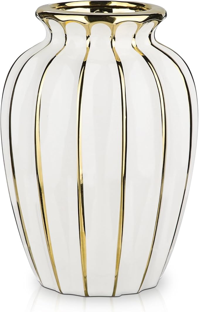 White & Gold Ceramic Flower Vase - 7.8" Modern Vertical Stripe Pottery Wave Vase | Ribbed Textured Flower Vase for Home Decor Bedroom Office Living Room Bathroom Table Centerpiece